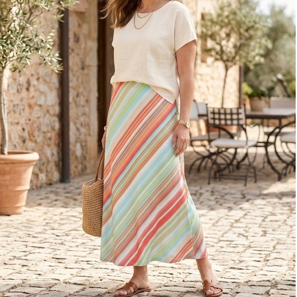 Chico's Size 3 Stretchy Knit Elastic Waist Maxi Skirt Side Slit Vacation Office